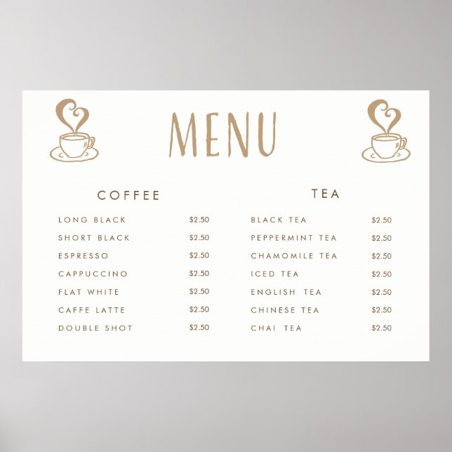 Kaffee Cafeteria Preis Menü Individuell Gedrucktes Poster (Vorne)