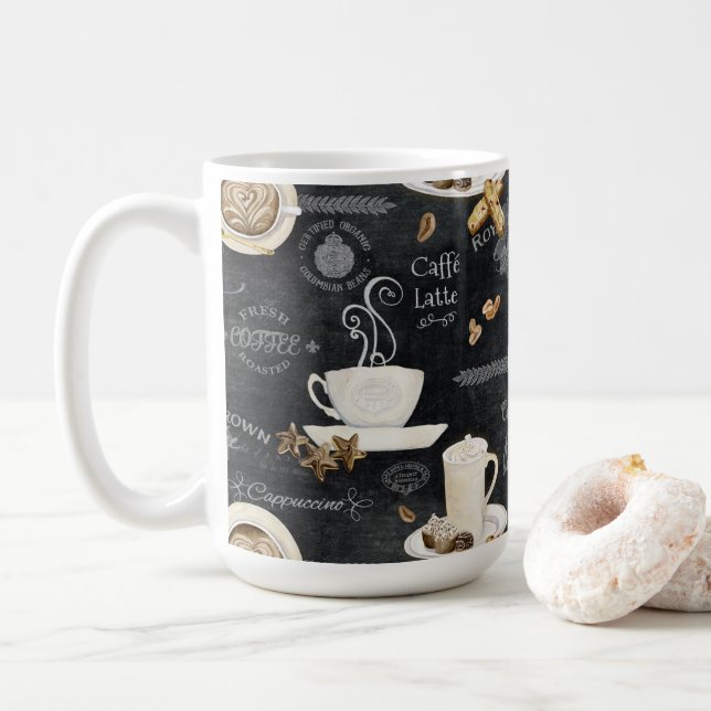 Kaffee Cappuccino Mocha Typografie Art Decoupage Kaffeetasse (Mit Donut)