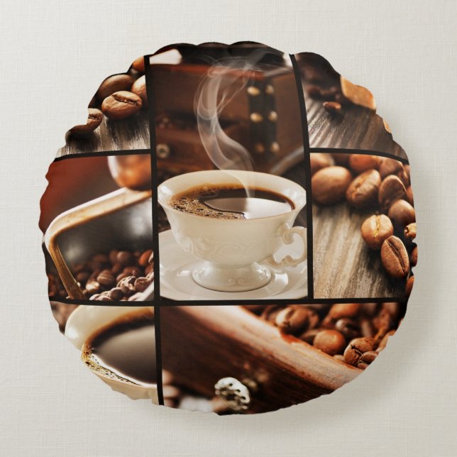 Kaffee-Collage Rundes Kissen (Vorderseite)