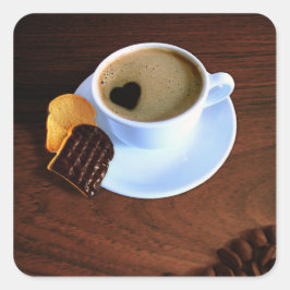 Kaffee-Cup mit herzenförmigen Schaumstoffen Quadratischer Aufkleber