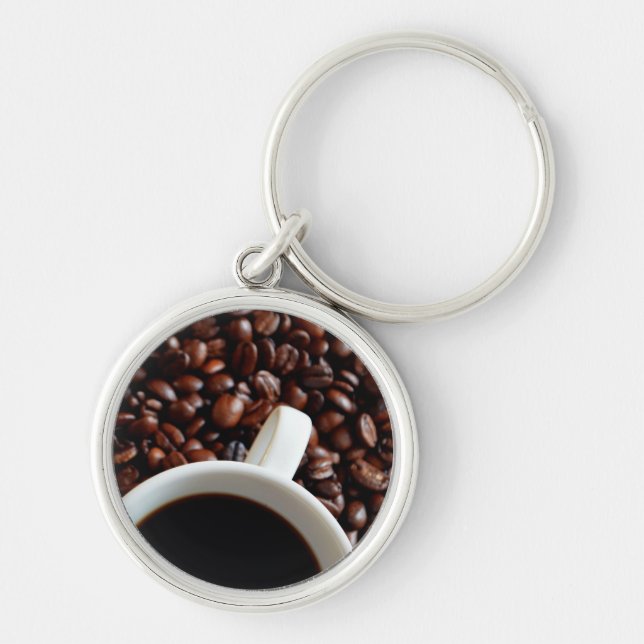 Kaffee-Cup mit Kaffee, Kaffeebohnen Hintergrund Schlüsselanhänger (Vorne)