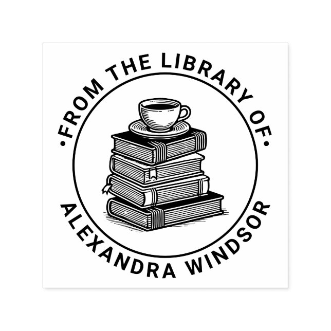 Kaffee Cup Tee Cup on Book Stack Library Name Permastempel (Design)