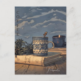 Kaffee Cup Vintag Book Candle Blue Sky Wolken Postkarte