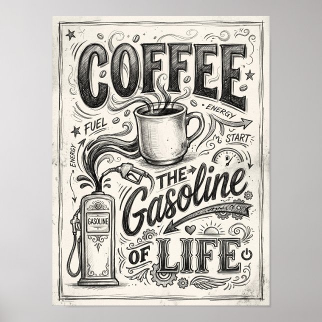 Kaffee, das Benzin des Lebens Poster (Vorne)