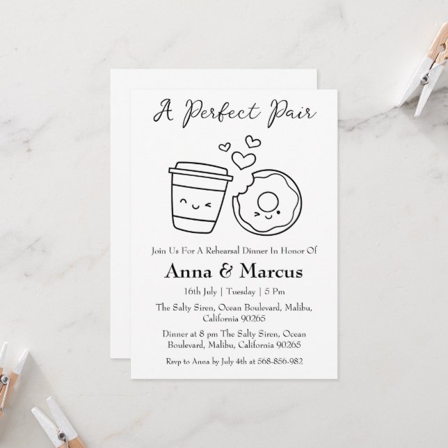 Kaffee & Donut ein perfektes Paar Brautessen Einladung (Vorderseite/Rückseite Beispiel)