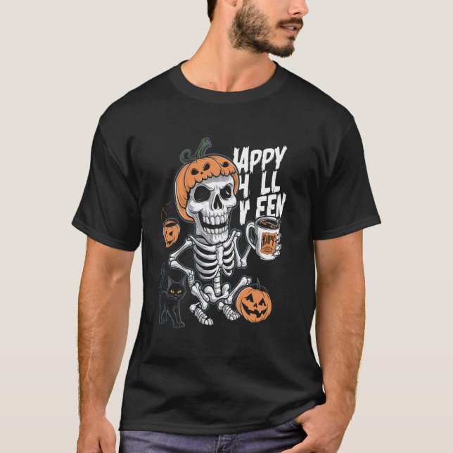 Kaffee Drink Skeleton Kürbiskürbis Halloween Kostü T-Shirt (Vorderseite)