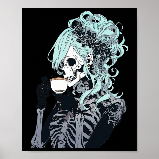 Kaffee Drink Skeleton Messy Bun Halloween Costu Poster (Vorne)