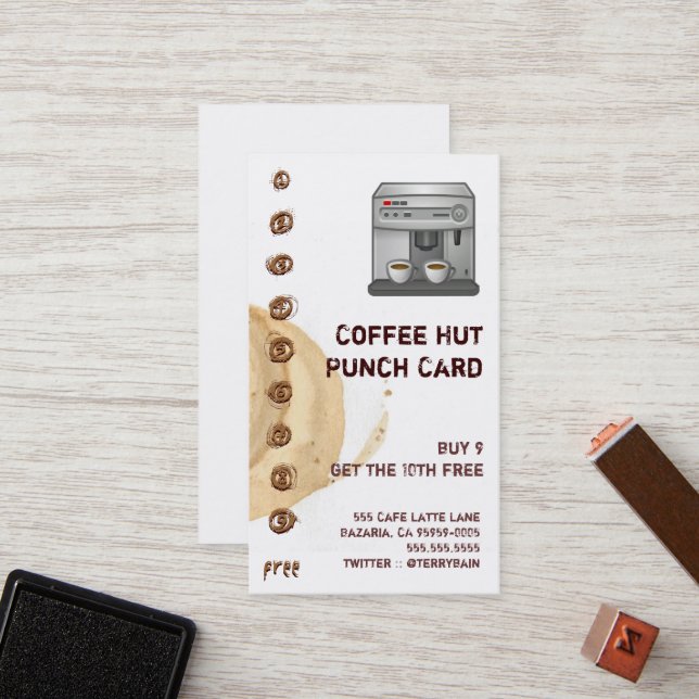 Kaffee-Fleck und Espresso-Maschinen-Lochkarte Treuekarte (Vorderseite/Rückseite Beispiel)