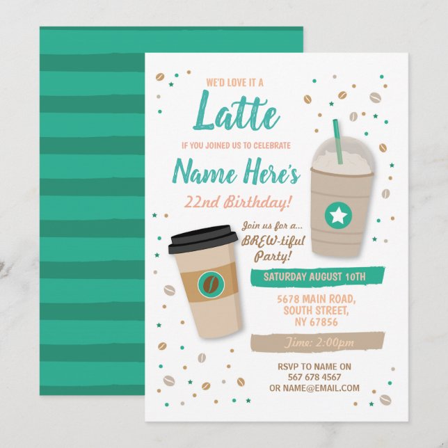 Kaffee Geburtstag Latte Café Beans Feier Einladung (Vorne/Hinten)