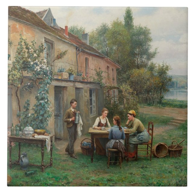 Kaffee im Garten trinken (Französische Landschaft) Fliese (Vorderseite)