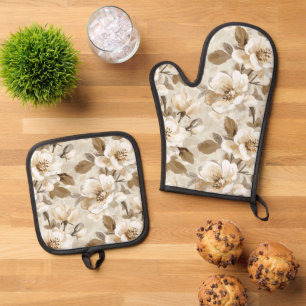 Kaffee Kakao Creme Floral Ofenhandschuh & Topflappen-Set