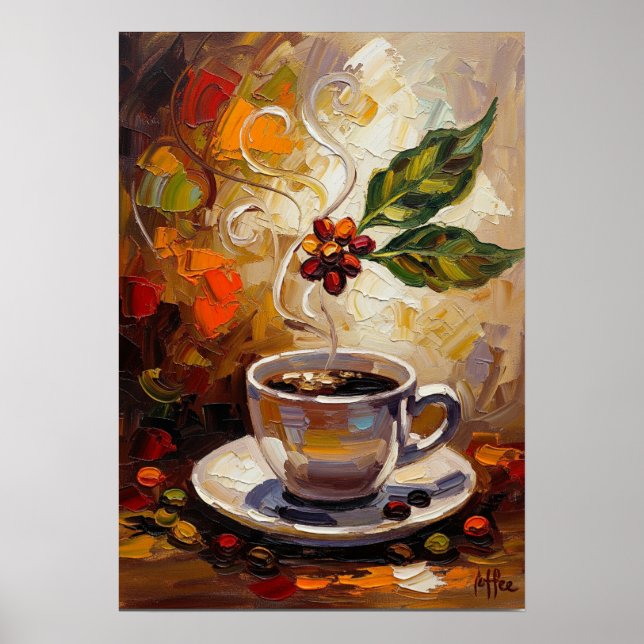 Kaffee-Kunst: Poster mit dampfender Tasse und Kirs (Vorne)