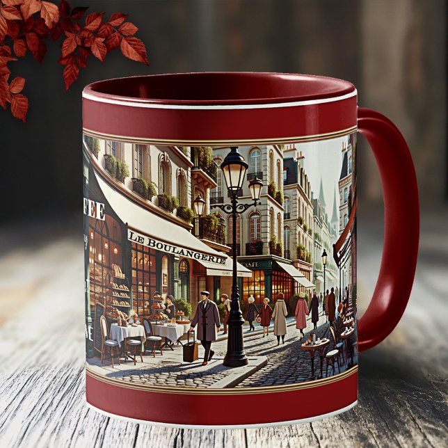 Kaffee Liebe Französisch Retro Bäckerei Paris Kaffeetasse (Mug featuring a French city scene in retro style with coffee shops and bakeries)