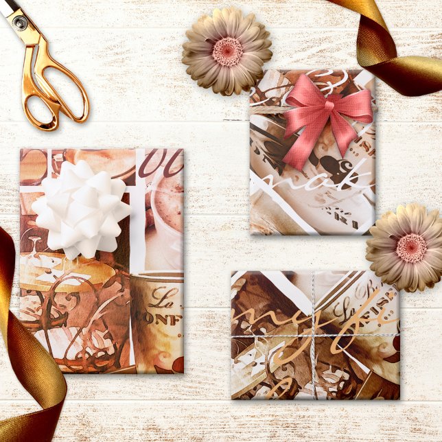 Kaffee Liebe Süße Romantik Paris Geschenkpapier Set (Wrapping paper sheets featuring a collage of coffee images and Paris in watercolor style)