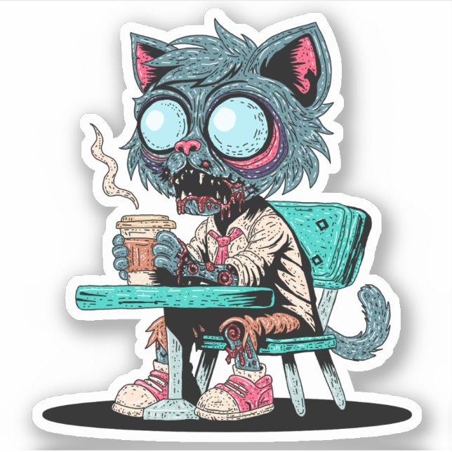 Kaffee liebend Zombie Cat Aufkleber (Vorderseite)