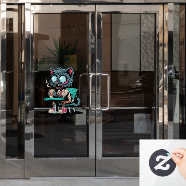 Kaffee liebend Zombie Cat Fensteraufkleber (Büro Tür)