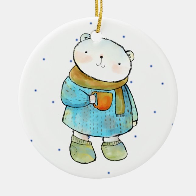 Kaffee liebender Polarbär Keramik Ornament (Vorne)