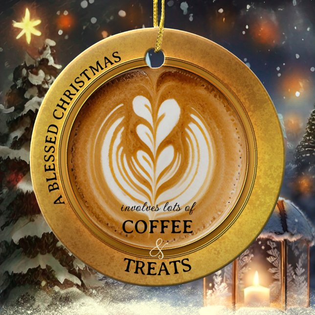 Kaffee Lover Cappuccino Keramik Ornament (A Christmas ornament featuring an elegant design with a cappuccino - perfect for a coffee lover!)