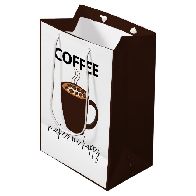 Kaffee macht mich glücklichen Kaffee Mittlere Geschenktüte (Vorderseite Schrägansicht)