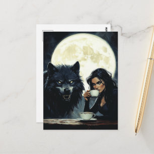 Kaffee mit dem Wolf während eines Vollmonds Postkarte