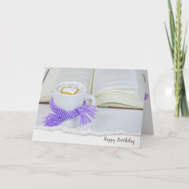 Kaffee mit Herz und offenem Buch Geburtstag Karte (Vorderseite)