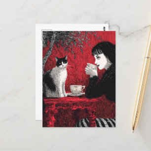 Kaffee mit katzenroter Schwarz-weißer Farbe Postkarte