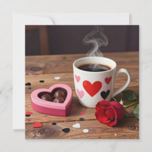 Kaffee, Pralinen, rote Rose Valentinstag Feiertagskarte