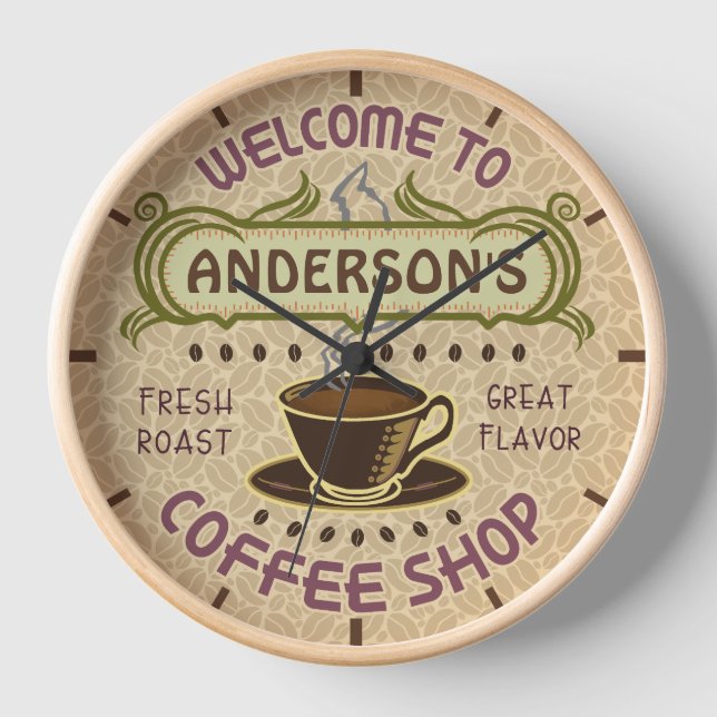 Kaffee-Shop-Cup Bohnen Kaffeehaus | Name hinzufüge Wanduhr (Vorderseite)