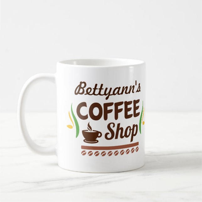 Kaffee-Shop mit individuellem Namen Tasse (Links)