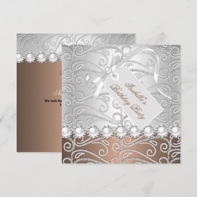 Kaffee Silver Pearl Diamonds Geburtstagsparty Einladung (Vorne/Hinten)
