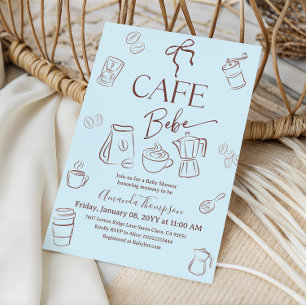 Kaffee-Thema Blue Bow Cafe Bebe Boy Babyparty Einladung