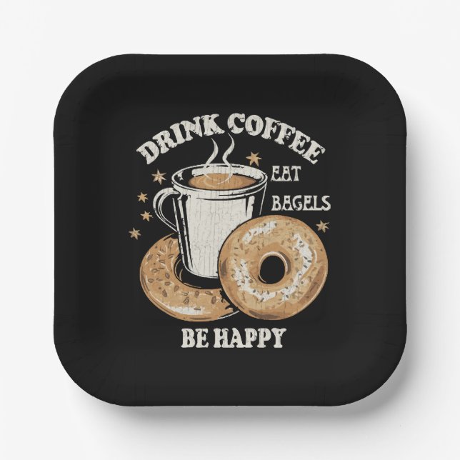 Kaffee trinken Bagels ist glücklich Pappteller (Vorderseite)