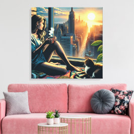 Kaffee trinken Frauen bei Sonnenaufgang in der Sta Leinwanddruck