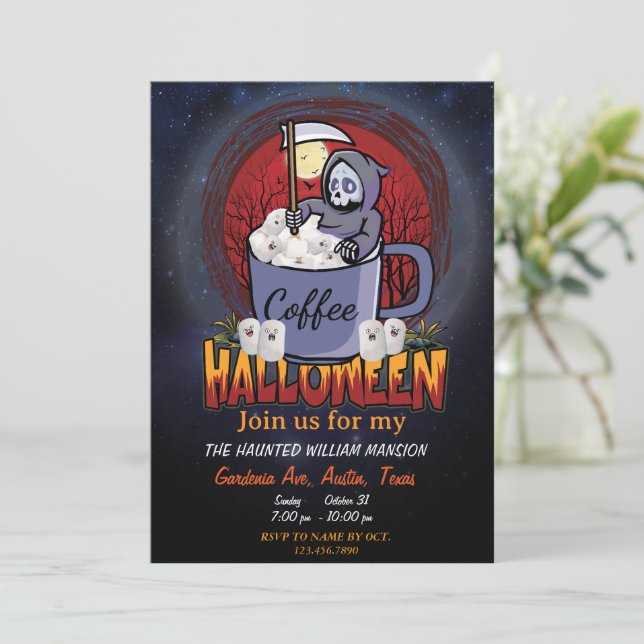 Kaffee trinken und Beängstigend Halloween-Party se Einladung (Stehend Vorderseite)