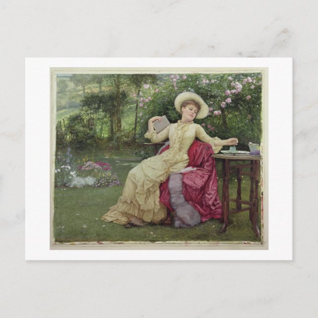 Kaffee trinken und im Garten lesen (w/c Postkarte (Vorderseite)