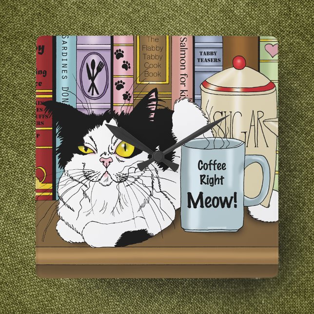 Kaffee Tuxedo Cat Funny Quadratische Wanduhr (Von Creator hochgeladen)