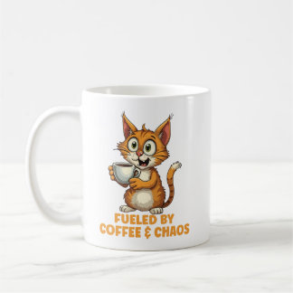 Kaffee und Chaos belebt, sonnige Katze mit Kaffee Kaffeetasse
