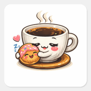 Kaffee und Donut Süße Cartoon Food Lover Design Quadratischer Aufkleber