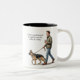 Kaffee und ein Deutscher Schäferhund machen den he Zweifarbige Tasse