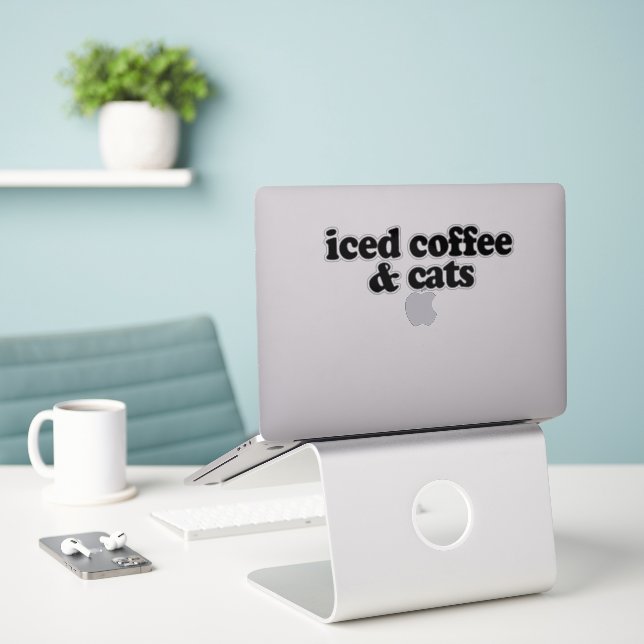Kaffee und Katzen Aufkleber (Laptop auf Schreibtisch)