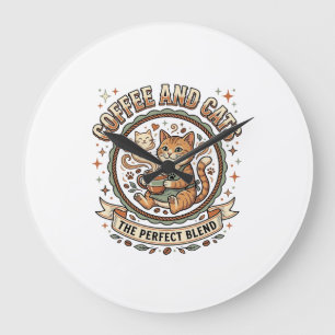 Kaffee Und Katzen Katze Kaffee Vintage Vektor Kuns Große Wanduhr