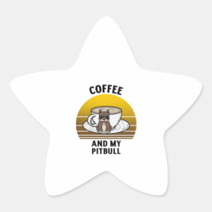 Kaffee und mein Pitbull Retro Vintager Sonnenunter Stern-Aufkleber