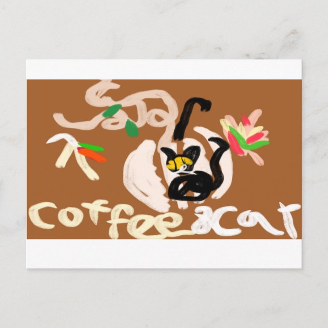 Kaffee und schwarze Katze Postkarte (Vorderseite)