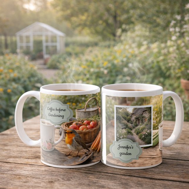 Kaffee vor der Gartenarbeit Rotkehlchen Morgengart Kaffeetasse (Coffee before gardening robin morning garden photo mug. You can add your own photo, name and text.)