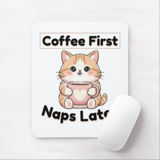 Kaffee zuerst, Nickerchen später, süße Katze | Kaw Mousepad