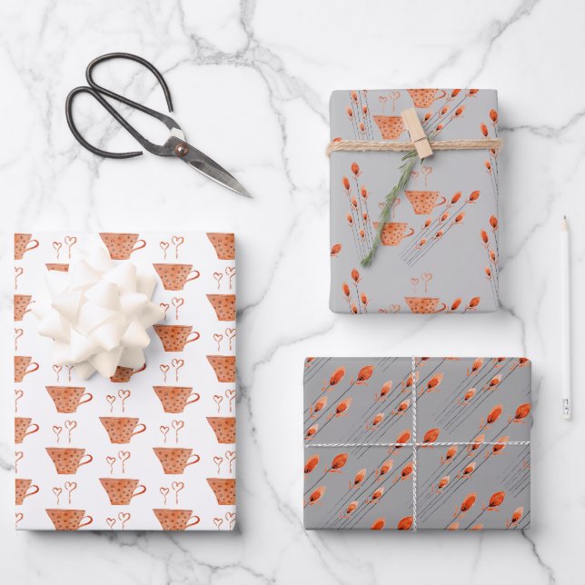 Kaffeebeutel in Liebe auf Weiß und Grau Geschenkpapier Set (Vorderseite)