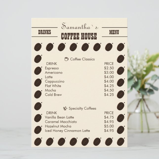 Kaffeebohnen-Marken-Geschäftsprofi  Menükarte (Stehend Vorderseite)