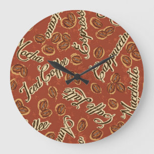 Kaffeebohnen: typografisches Vintages Muster. Große Wanduhr