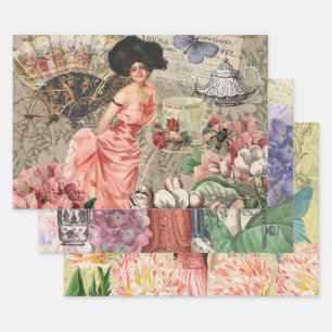 Kaffeedame viktorianische Frau Rosa reiches Gewand Geschenkpapier Set