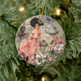 Kaffeedame viktorianische Frau Rosa reiches Gewand Keramik Ornament
